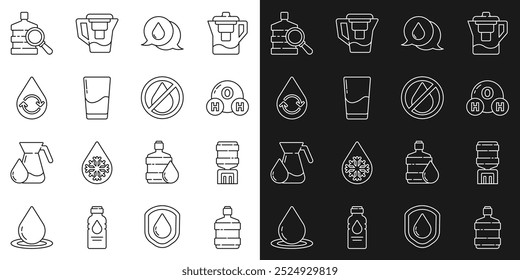 Set line Big bottle with clean water, Water cooler, Chemical formula for H2O, drop speech bubbles, Glass, Recycle aqua,  and forbidden icon. Vector