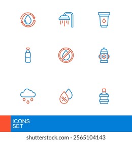 Set line Big bottle with clean water, Water drop percentage, Cloud rain, Fire hydrant, Bottle of, forbidden, filter cartridge and Shower icon. Vector