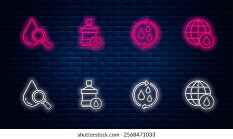 Set line Big bottle with clean water, Recycle aqua, Drop and magnifying glass and Earth planet drop. Glowing neon icon on brick wall. Vector