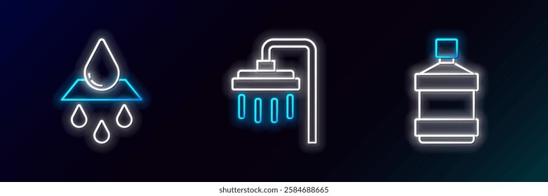 Set line Big bottle with clean water, Recycle aqua and Shower icon. Glowing neon. Vector