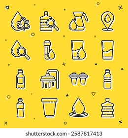 Set line Big bottle with clean water, Bottle of, Glass, Jug glass, Test tube drop, Drop and magnifying, Recycle aqua and  icon. Vector