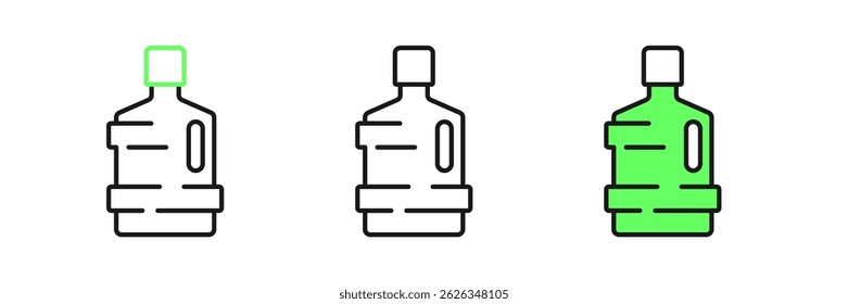 Set line Big bottle with clean water icon isolated on white background. Plastic container for the cooler.  Vector