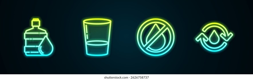 Set line Große Flasche mit sauberem Wasser, Glas, Wassertropfen verboten und Recycling Aqua. Leuchtendes Neonsymbol. Vektorgrafik