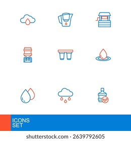 Set line Big bottle with clean water, Cloud rain, Water drop, cooler, filter cartridge, Well and jug icon. Vector