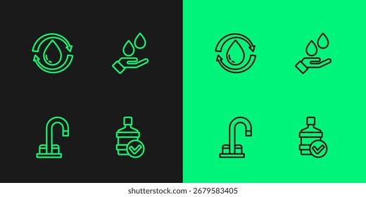 Set Linie Große Flasche mit sauberem Wasser, Wasserhahn, Recycling Aqua und Wasch Hände Seifen Symbol. Vektorgrafik