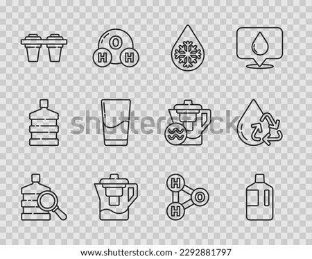Set line Big bottle with clean water, Defrosting, Water jug filter, Glass, Chemical formula for H2O and Recycle aqua icon. Vector