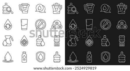 Set line Big bottle with clean water, Water cooler, Chemical formula for H2O, drop speech bubbles, Glass, Recycle aqua,  and forbidden icon. Vector