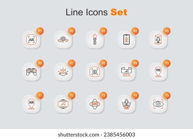 Set line Big brother electronic eye, Augmented reality AR, 360 degree view, Wide angle picture, Virtual,  and 3d modeling icon. Vector