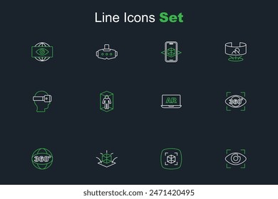 Set line Big brother electronic eye, 3d modeling, 360 degree view, Augmented reality AR,  and Virtual glasses icon. Vector