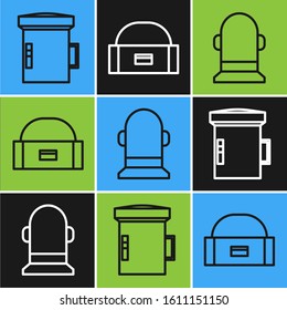 Set line Big flashlight for diver, Buoy and Case or box container for wobbler icon. Vector