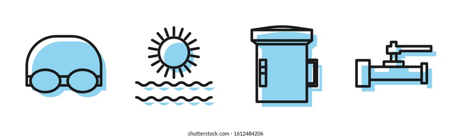 Set line Big flashlight for diver, Glasses and cap for swimming, Sun and waves and Industry metallic pipes and valve icon. Vector
