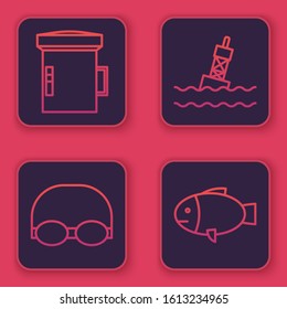 Set line Big flashlight for diver, Glasses and cap for swimming, Floating buoy on the sea and Fish. Blue square button. Vector