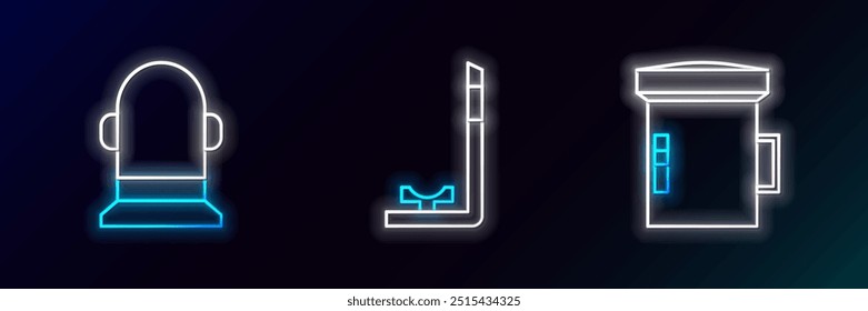 Set line Big flashlight for diver, Buoy and Snorkel icon. Glowing neon. Vector