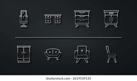 Set line Big full length mirror, Wardrobe, Furniture nightstand, Armchair, Sofa, Office desk, Chair and  icon. Vector