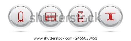 Set line Big full length mirror, Grand piano, Refrigerator and Round table. Silver circle button. Vector