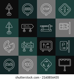 Billboard-Linie mit Lichtern, Parken, öffentlicher Verkehr, Stoppschild, Straßenverkehr, Ausrufezeichen-Dreieck, Dreieckswarnung und Autosperrsymbol. Vektorgrafik