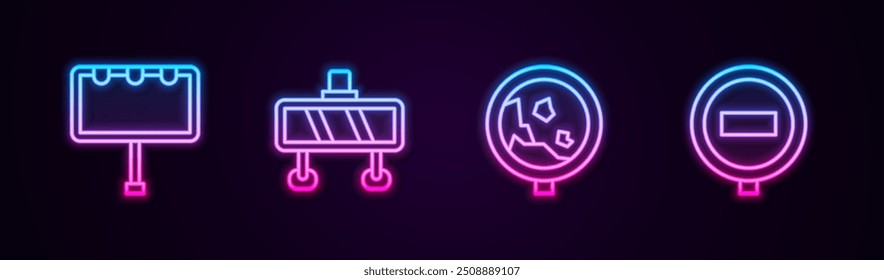 Set line Billboard with lights, Road barrier, warning rockfall and Stop sign. Glowing neon icon. Vector