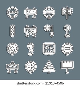 Set line Billboard with lights, Stop sign, Hospital road traffic, Railroad crossing, Road barrier, Traffic, and camera icon. Vector