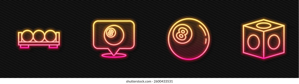Set line Billiard ball, balls on stand, Location with billiard and chalk. Glowing neon icon. Vector