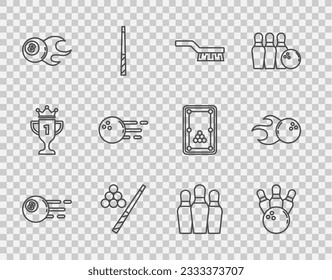 Set line Billiard ball, Bowling pin and, Pool table brush, cue,  and  icon. Vector