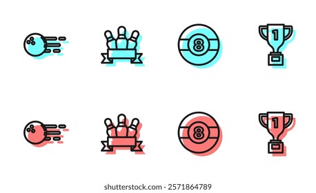 Set line Billiard ball, Bowling, pin and Award cup icon. Vector