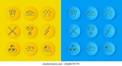 Set line Billiard ball, Crossed billiard cues, Award cup, Bowling pin and, rest and Case for icon. Vector