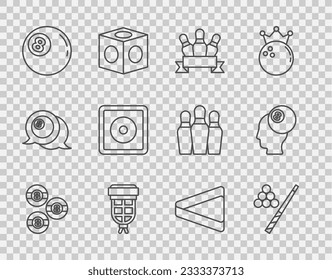 Set line Billiard ball, cue and, Bowling pin, pocket, chalk, triangle and  icon. Vector