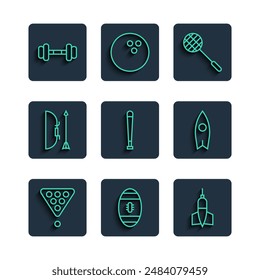 Set line Bolas de billar en triángulo de rack, Fútbol americano, Flecha de dardo, Raqueta de tenis, Bate de béisbol, Arco y caracola, Mancuerna e icono de tabla de surf. Vector
