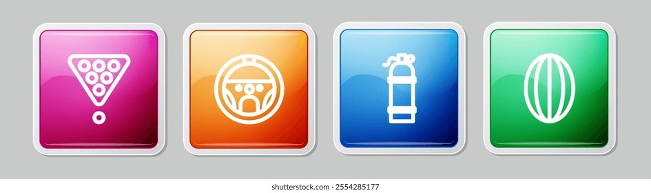 Set line Billiard balls in rack triangle, Steering wheel, Aqualung and Rugby. Colorful square button. Vector