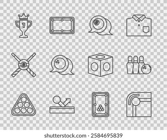 Set line Billiard balls in rack triangle, table, Award cup, Bowling,  and pin and icon. Vector