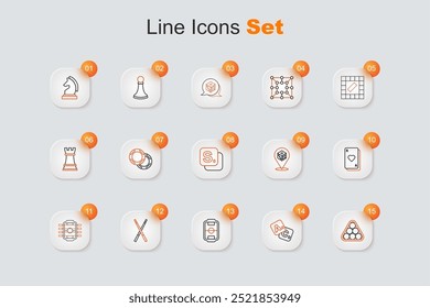 Set line Billiard balls in triangle, Bingo, Table football, Crossed billiard cues, Playing cards, Game dice and  icon. Vector