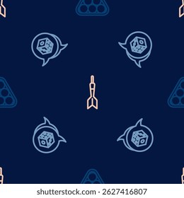 Set line Billiard balls in triangle, Game dice and Dart arrow on seamless pattern. Vector