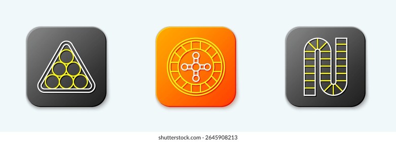 Set line Billiard balls in triangle, Casino roulette wheel and Board game icon. Vector