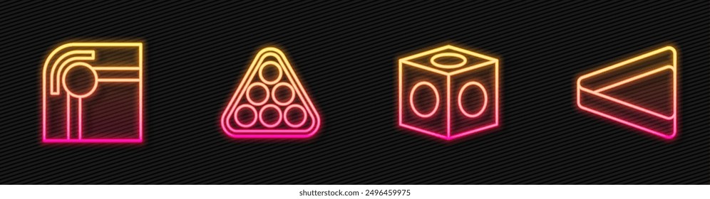 Set Linie Billardkreide, Tisch, Kugeln im Rack Dreieck und . Leuchtendes Neonsymbol. Vektorgrafik