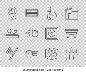 Set line Billiard cue and ball, Bowling pin, Location with bowling, chalk and table icon. Vector