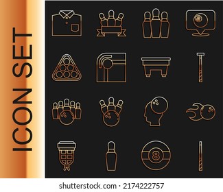 Set line Billiard cue, Bowling ball, pin, table, balls rack triangle, shirt and  icon. Vector