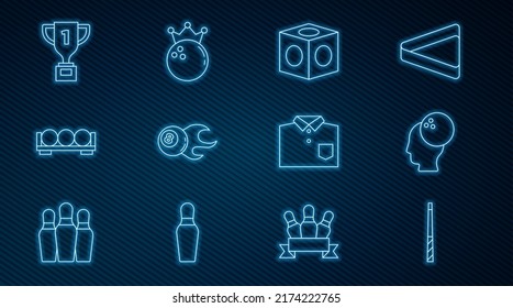 Set line Billiard cue, Bowling ball, chalk, balls on stand, Award cup, shirt and  icon. Vector