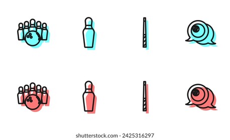 Set line Billiard cue, Bowling pin and ball,  and  icon. Vector
