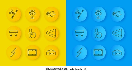 Set line Billiard cue, table, Bowling pin and ball, Case for billiard, triangle,  and Award cup icon. Vector