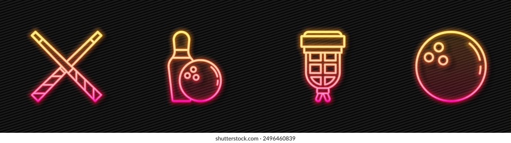 Set line Billiard pocket, Crossed billiard cues, Bowling pin and ball and . Glowing neon icon. Vector