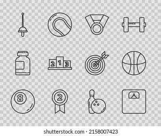 Set line Billiard pool snooker ball, Bathroom scales, Medal, Fencing, Award over sports winner podium, Bowling pin and and Basketball icon. Vector