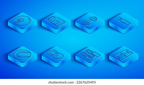 Set line Billiard pool snooker ball, Sports nutrition, Dumbbell, Kettlebell, Jump rope, Bowling pin, Baseball and Football soccer field icon. Vector