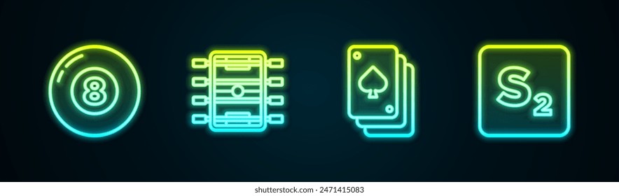 Set line Billiard pool snooker ball, Hockey table, Playing cards and Bingo. Glowing neon icon. Vector