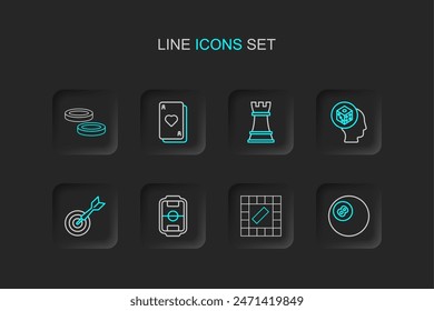 Set line Billiard pool snooker ball, Board game, Table football, Classic dart board and arrow, Game dice, Chess, Playing cards and Checker chips icon. Vector