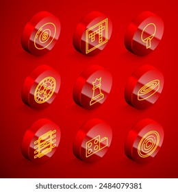 Set line Billard Pool Snooker Ball, Bingo, Schläger, Casino Roulette Rad, Schach, Schachbrett Spielchips, Hockeytisch und Spielzeug Baustein-Ikone. Vektorgrafik