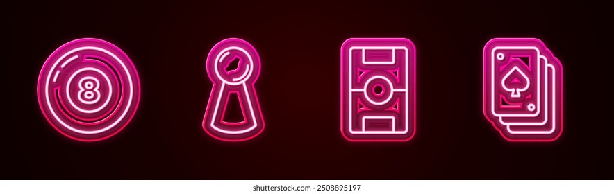 Set line Billiard pool snooker ball, Chip for board game, Hockey table and Playing cards. Glowing neon icon. Vector