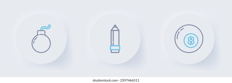 Set line Billiard pool snooker ball, Pencil with eraser and Bomb ready to explode icon. Vector