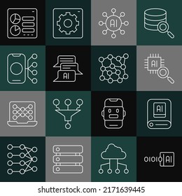 Set line Binary code, Artificial intelligence AI, Processor CPU, Neural network, Chat bot, Computer api interface and  icon. Vector