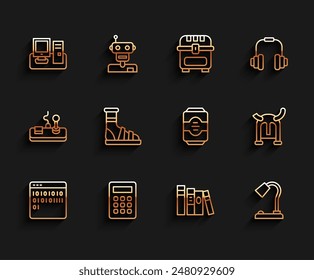 Set line Binary code, Calculator, Monitor with keyboard, Book, Table lamp, Slippers socks, Viking horned helmet and Energy drink icon. Vector
