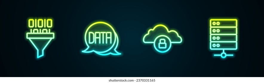 Set line Binary code, Data analysis, Cloud computing lock and Server. Glowing neon icon. Vector